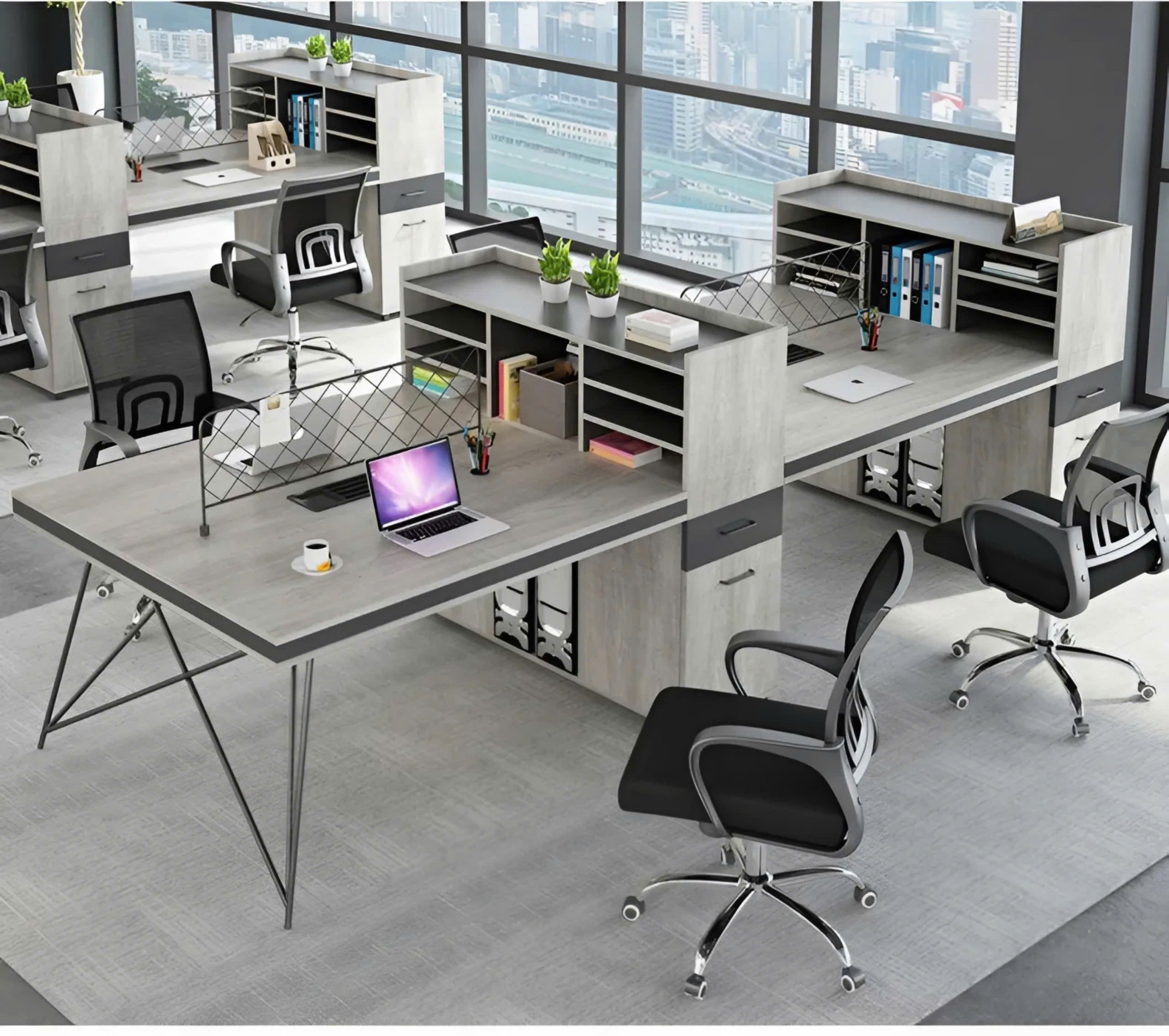 Cụm Bàn Làm Việc 4 Người Kèm Kệ Nhiều Tầng Siêu Gọn - BC82
