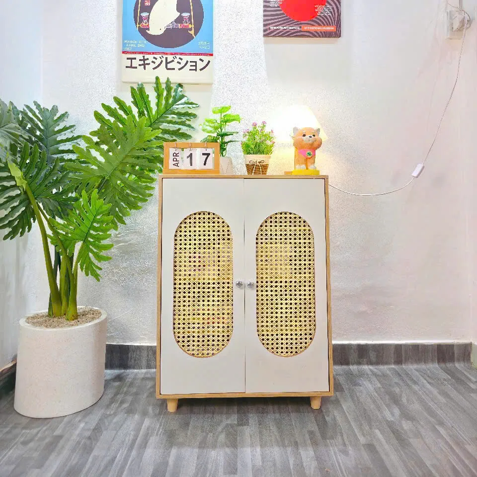 Kệ Giày Dép Gỗ Mây Đan Phong Cách Vintage Sang Trọng - KGD29