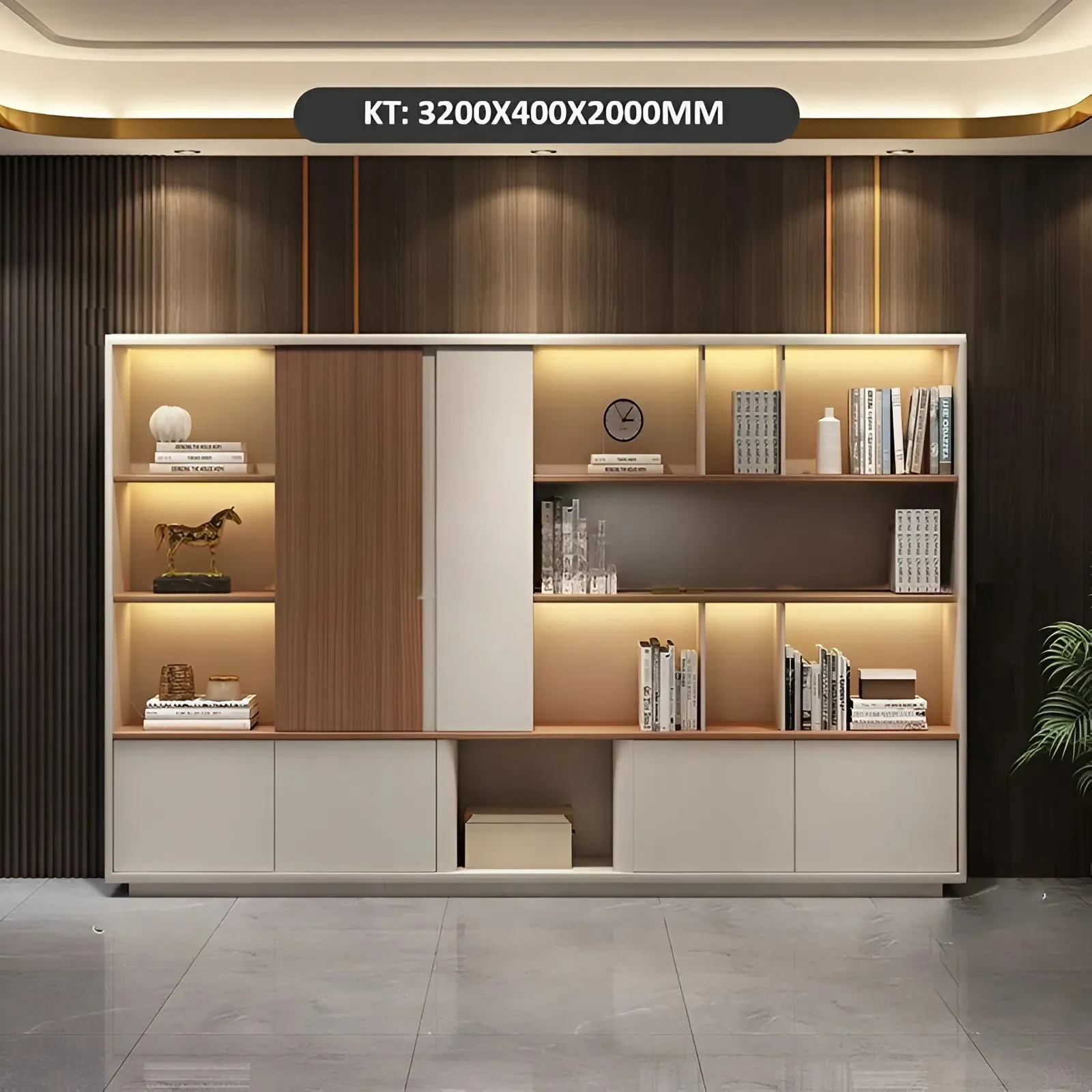 Tủ Hồ Sơ Lãnh Đạo Cánh Lùa Gỗ Sọc Phối Ngăn Hở Hình Khối - THS334