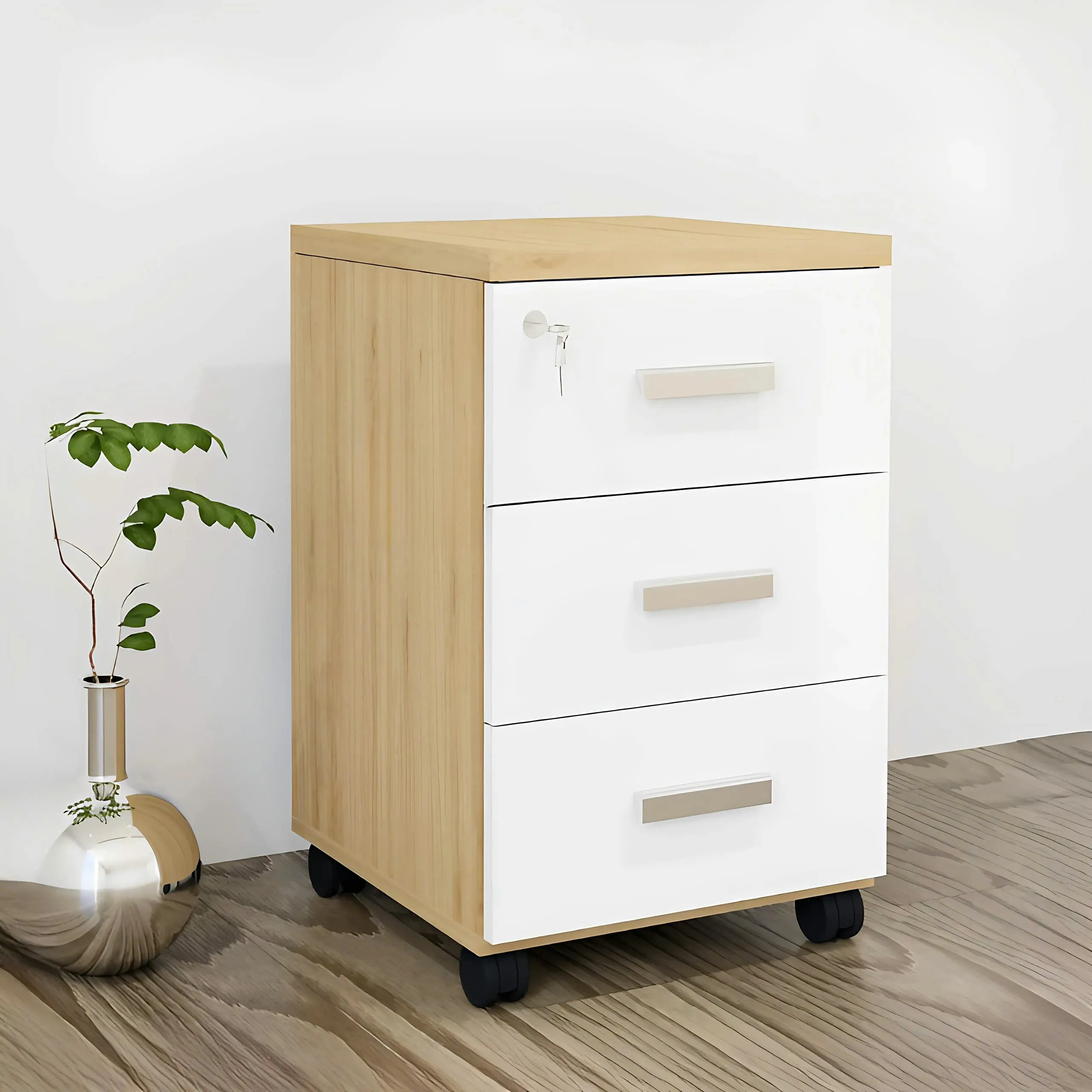 Tủ Phụ 3 Ngăn Màu Trắng Pha Vàng Gỗ - TP28