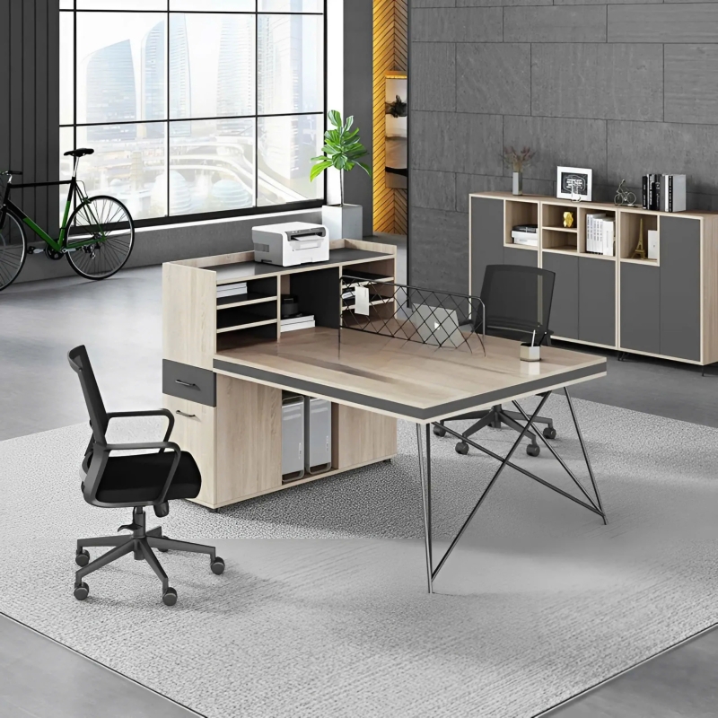 Cụm Bàn Làm Việc 2 Chỗ Chân Sắt Chéo Có Tủ Phụ Và Kệ Lưu Trữ - BC73