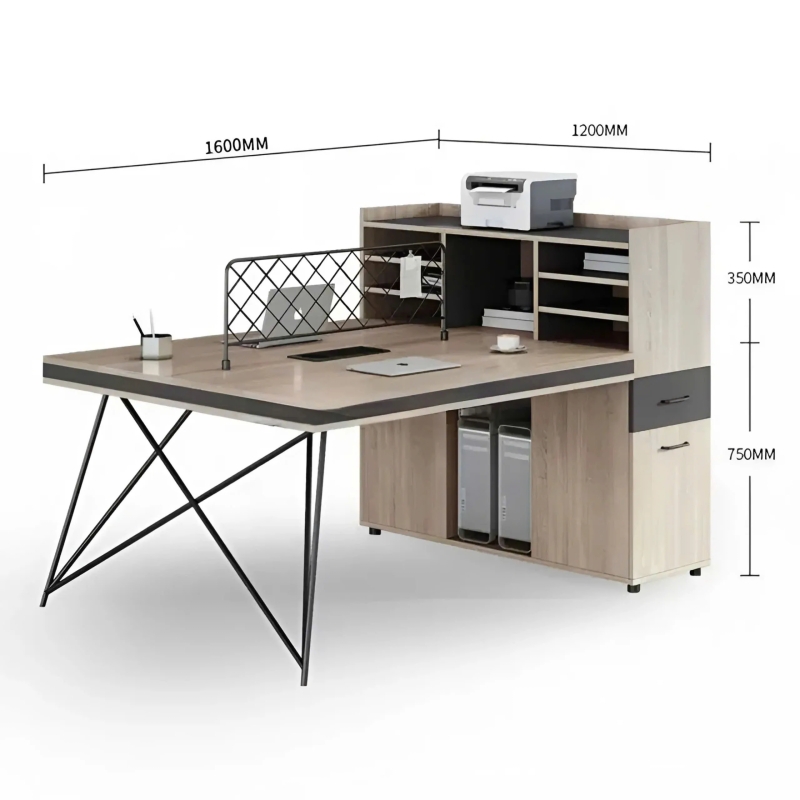 Cụm Bàn Làm Việc 2 Chỗ Chân Sắt Chéo Có Tủ Phụ Và Kệ Lưu Trữ - BC73