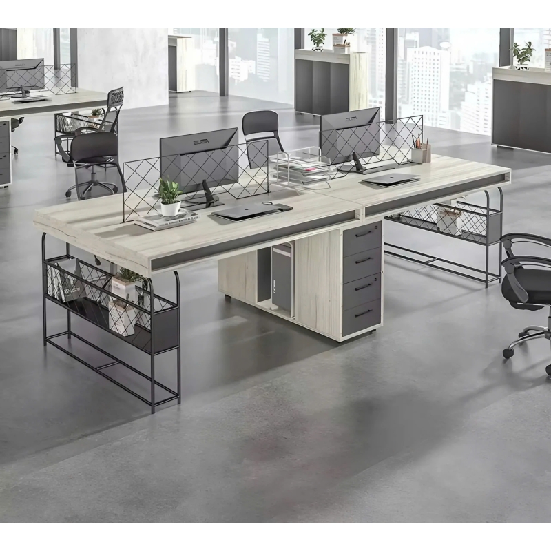 Cụm Bàn Làm Việc 4 Nhân Viên Có Hộc Tủ Và Kệ Sắt Tiện Lợi - BC70