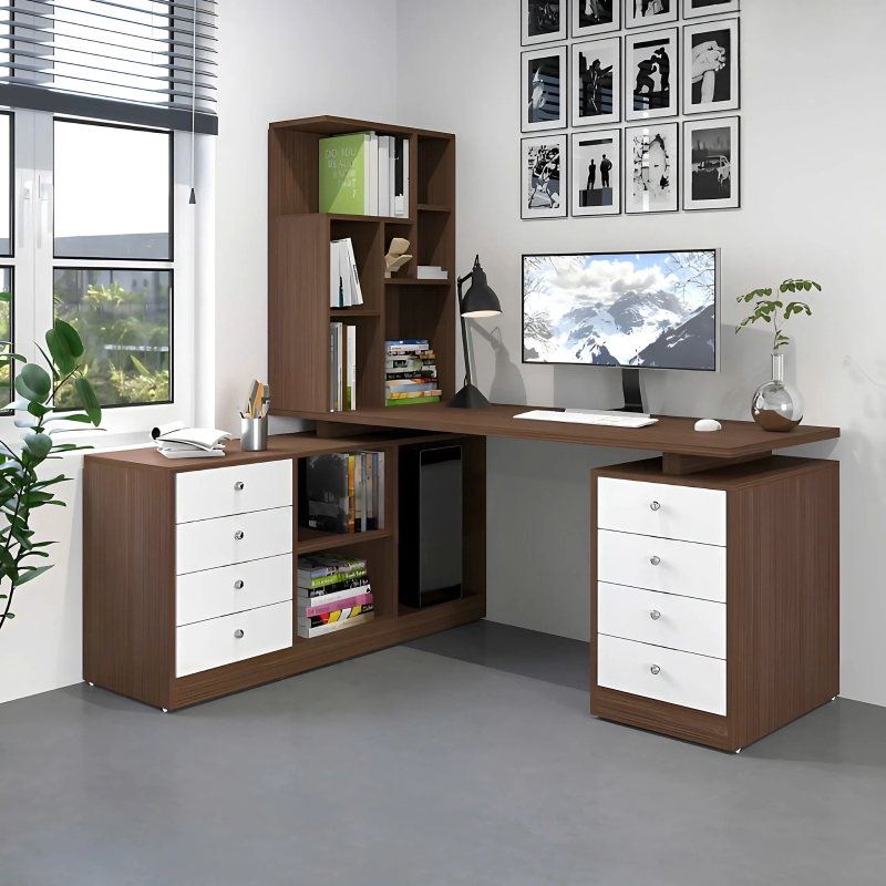 Bàn Làm Việc Gỗ Góc L Kèm Giá Sách - BG57
