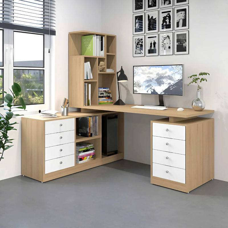 Bàn Làm Việc Gỗ Góc L Kèm Giá Sách - BG57