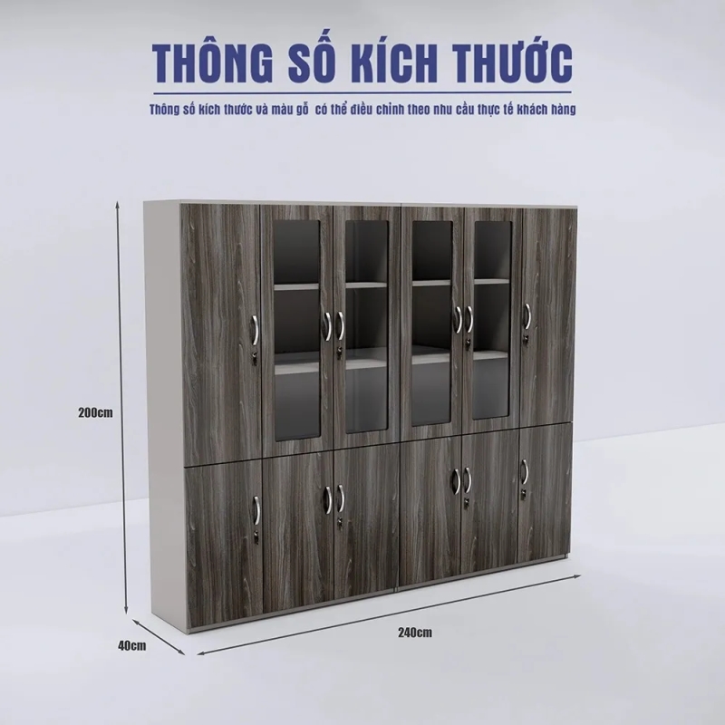 Tủ Văn Phòng Gỗ 4 Buồng Phối Cánh Kính Trưng Bày - THS417